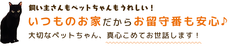 飼い主さんもペットちゃんもうれしい！いつものお家だからお留守番も安心♪　大切なペットちゃん、真心こめてお世話します！